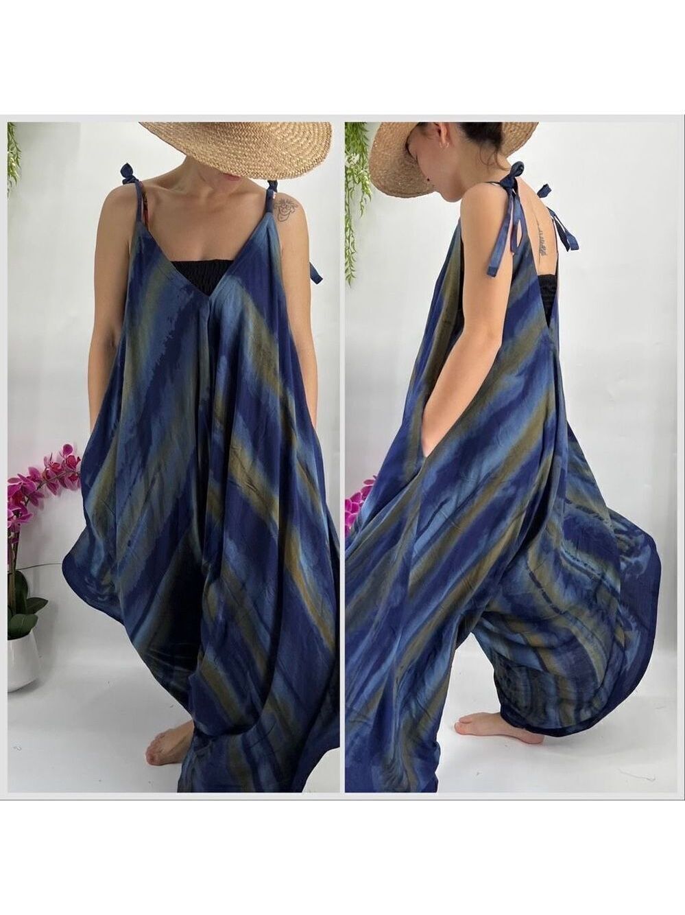 Pōʻalima Blue Tan Tropical Boho Wide Leg Beach Romper